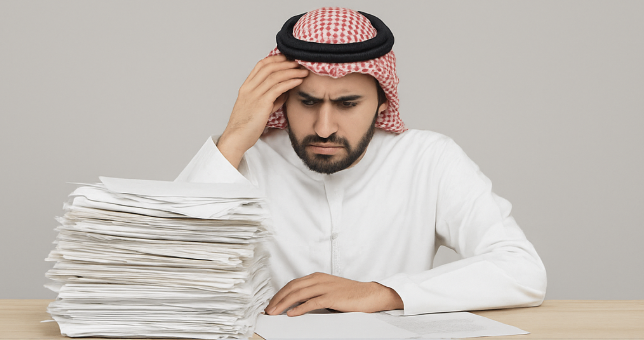 رجل أعمال سعودي متوتر يجلس أمام مكتب مليء بالأوراق – يوضح صعوبة وتعقيدات التراخيص وإجراءات تأسيس الشركات في السعودية